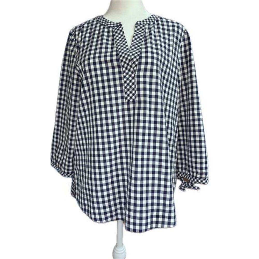 Vineyard Vines‎ Womens Navy Gingham Cotton Tie Cuff Split Neck Blouse Small
